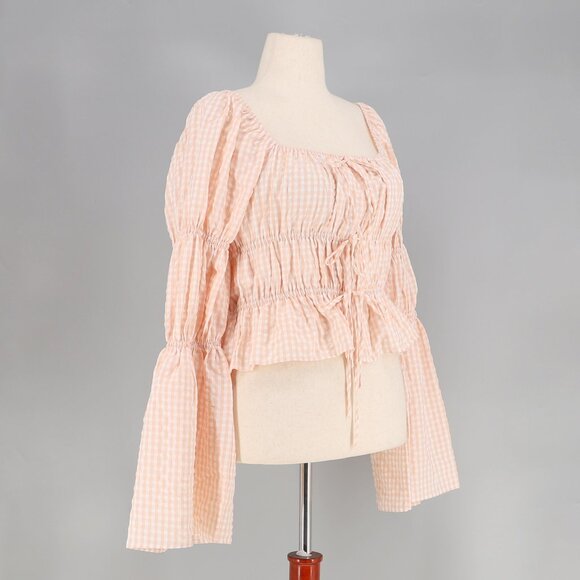 ENGLISH FACTORY Tie Detailed Gingham Shirring Top Long Sleeves Blush Pink Size L - Picture 5 of 10